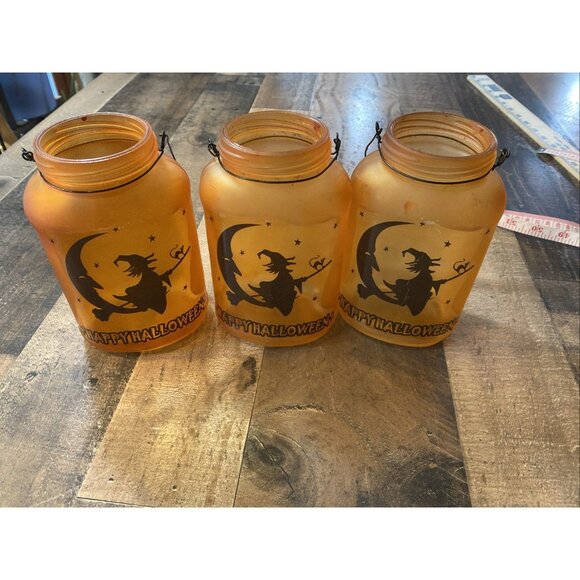 Halloween Decor Orange Black Jar Tealight Candle holder Witch Moon Cat Set Of 3 - Picture 11 of 11